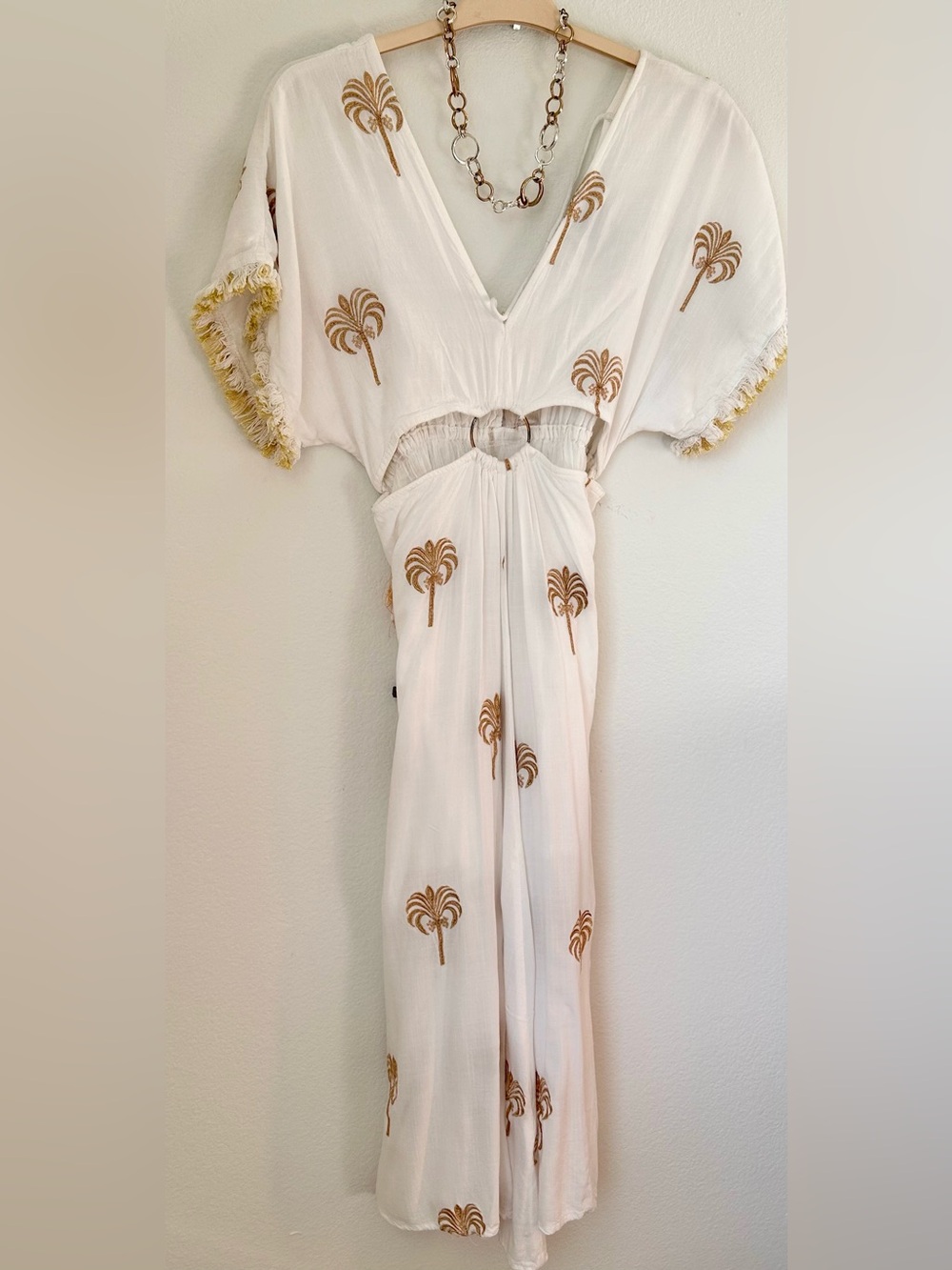 Z&L Europe White Palm Embroidered Midi Dress Boho Resort Fringe Sleeve